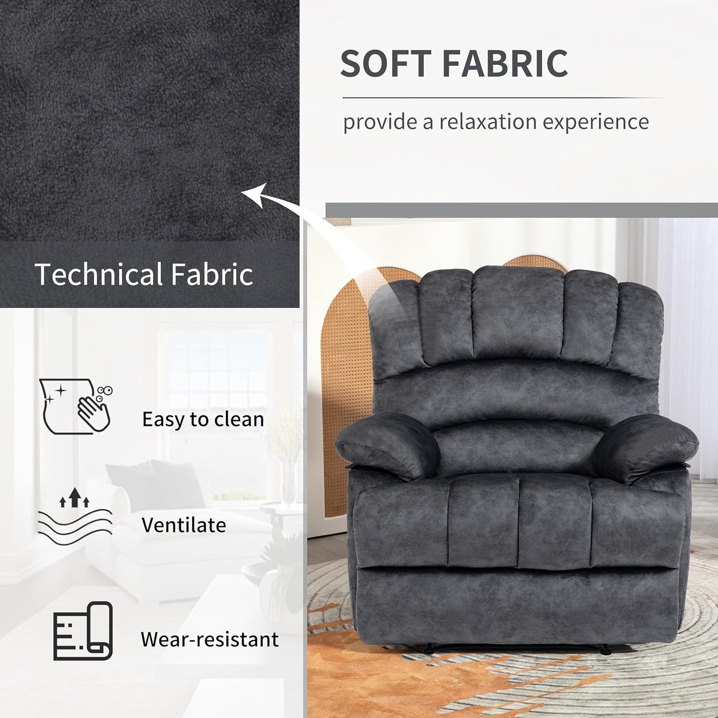 Luxlen Large Manual Recliner Chair,Soft Fabric Push Back Recliner with Overstuffed Armrest and Backrest, Living Room Single Sofa Recliners,Grey