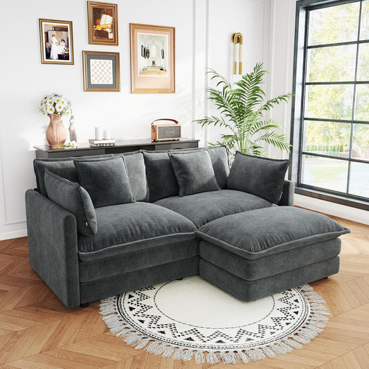 Sectional Sofa 2 Seater with Movable 1 Ottoman,Oversized Modular Couch Deep Seat (Grey, 76.7 inch-L)
