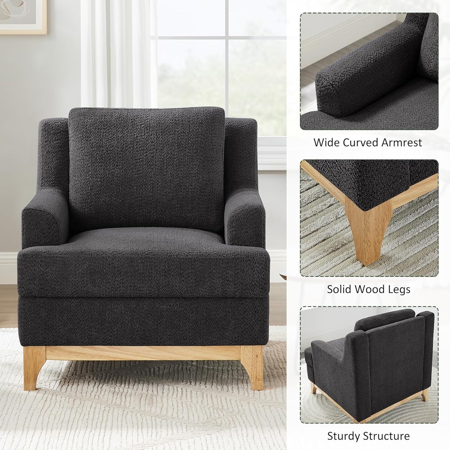 Oversized Accent Chair, Modern Boucle Armchair with Wood Legs, Modern Reading Chair with Thick Cushion, Comfy Chairs for Living Rooms, Bedrooms, Reading nooks and Apartments