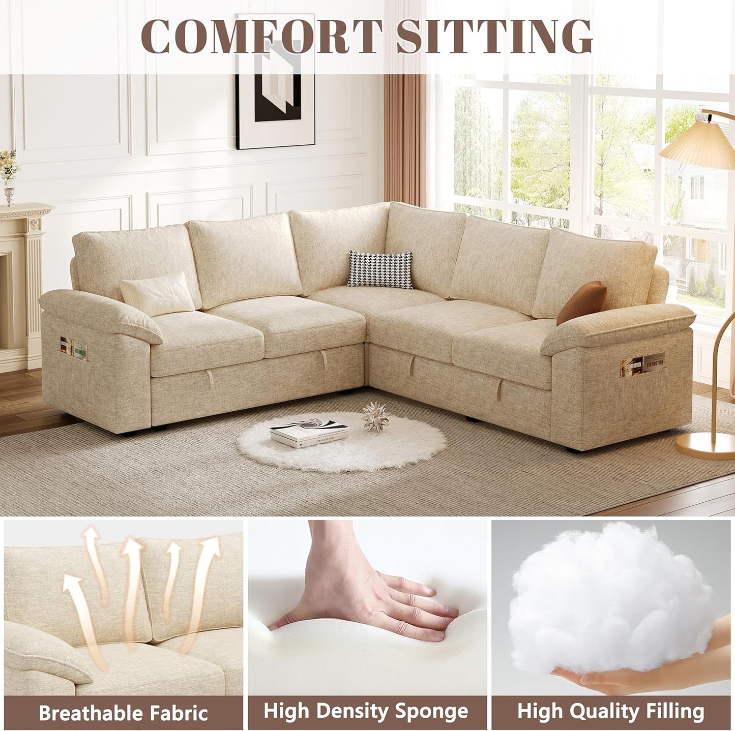 85 Inch Sectional Sleeper Sofa with Pull Out Bed,L Shaped 5 Seat Modular Sectional Sofa with Storage,Sectional Couches for Living Room,Cloud Modular Couch,Removable Sofa Cover,Beige