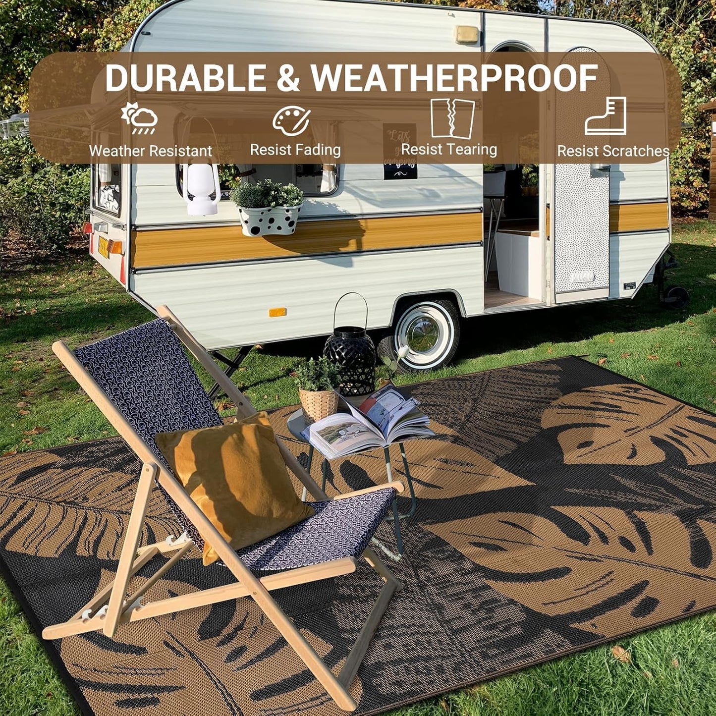 GAOMON Outdoor Patio Rug 9x18 Waterproof Outdoor Plastic Straw Rug Reversible Camping Mat, Foldable Portable RV Picnic Carpet with Bag & 4 Stakes, UV Resistant Outside Carpet for Deck Balcony, Brown