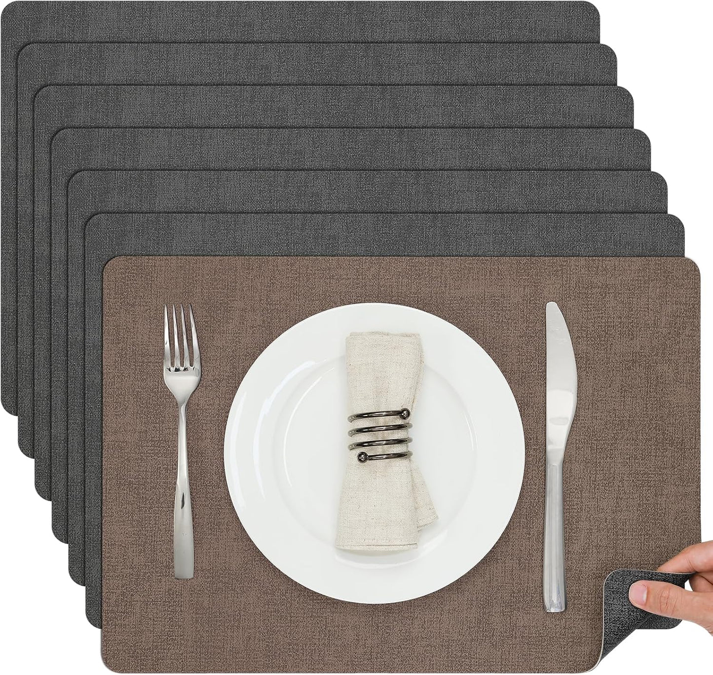 Myir JUN Placemats Dual Sided, Faux Leather Place Mats Set of 8 Indoor Placemat for Dining Table Non-Slip Washable Place Mat Heat Resistant Outdoor Table Mats (Set of 8, Gray Brown)