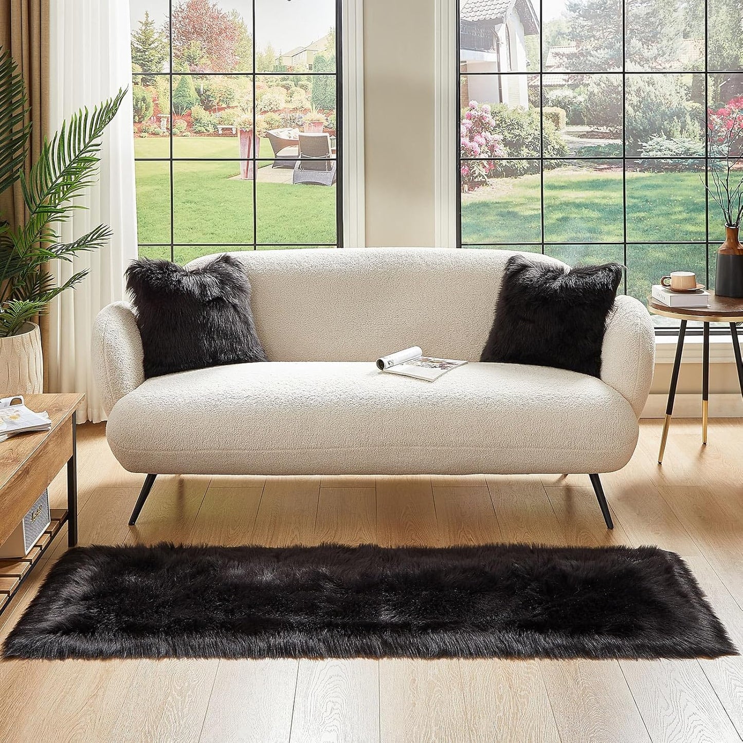 AMTOVO Faux Fur Rug, Black Ultra Soft Fluffy Shag Sheepskin Rug, 2 x 6 ft Runner Area Rugs for Bedroom Sofa Throw Cushion Room Decor, Rectangle