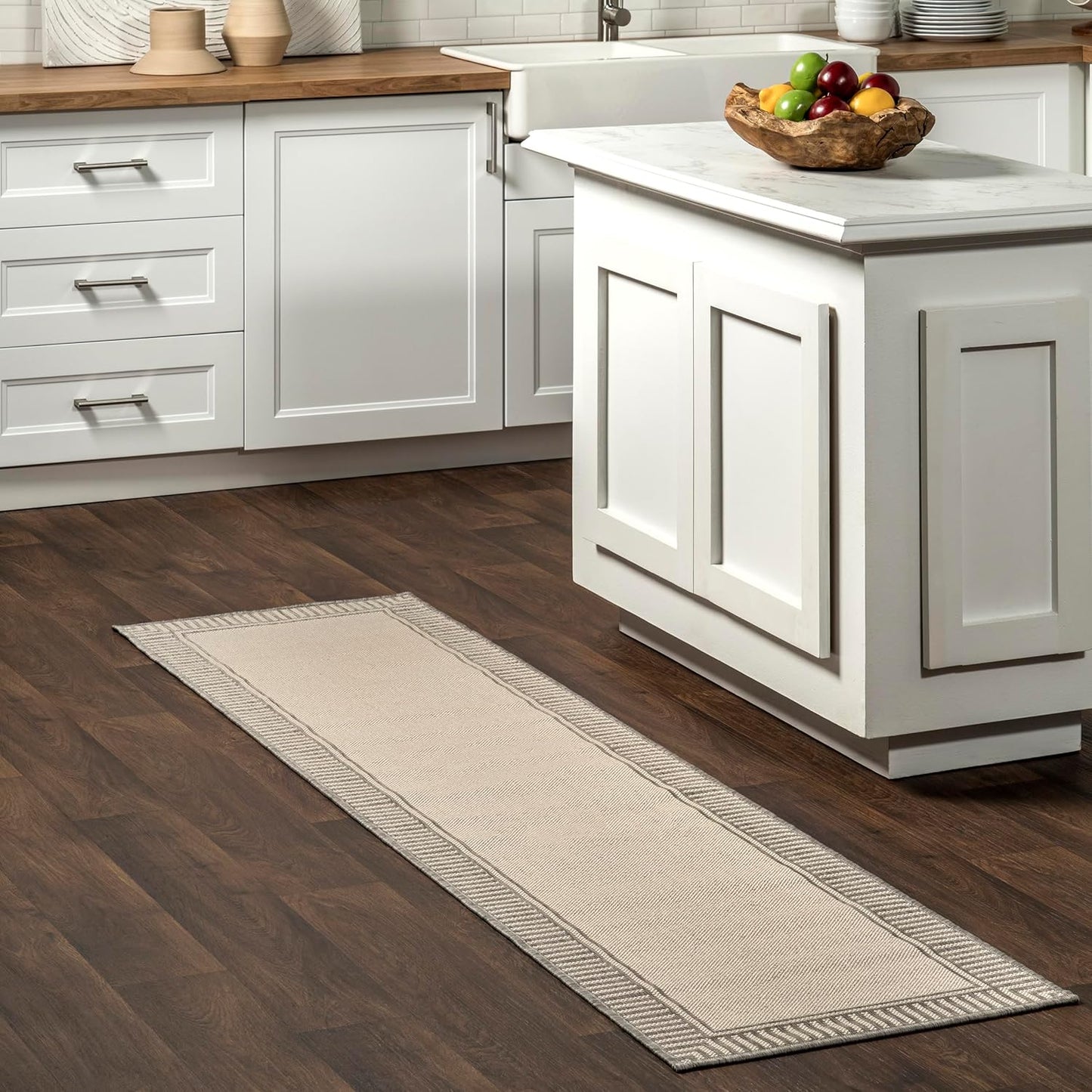 nuLOOM 2' x 8' Outdoor Area Rug, Casual Design with Striped Border, Stain Resistant, Highly Durable, for Patio, Balcony, Bedroom, Living Room, Dining Room, Bathroom, Light Grey