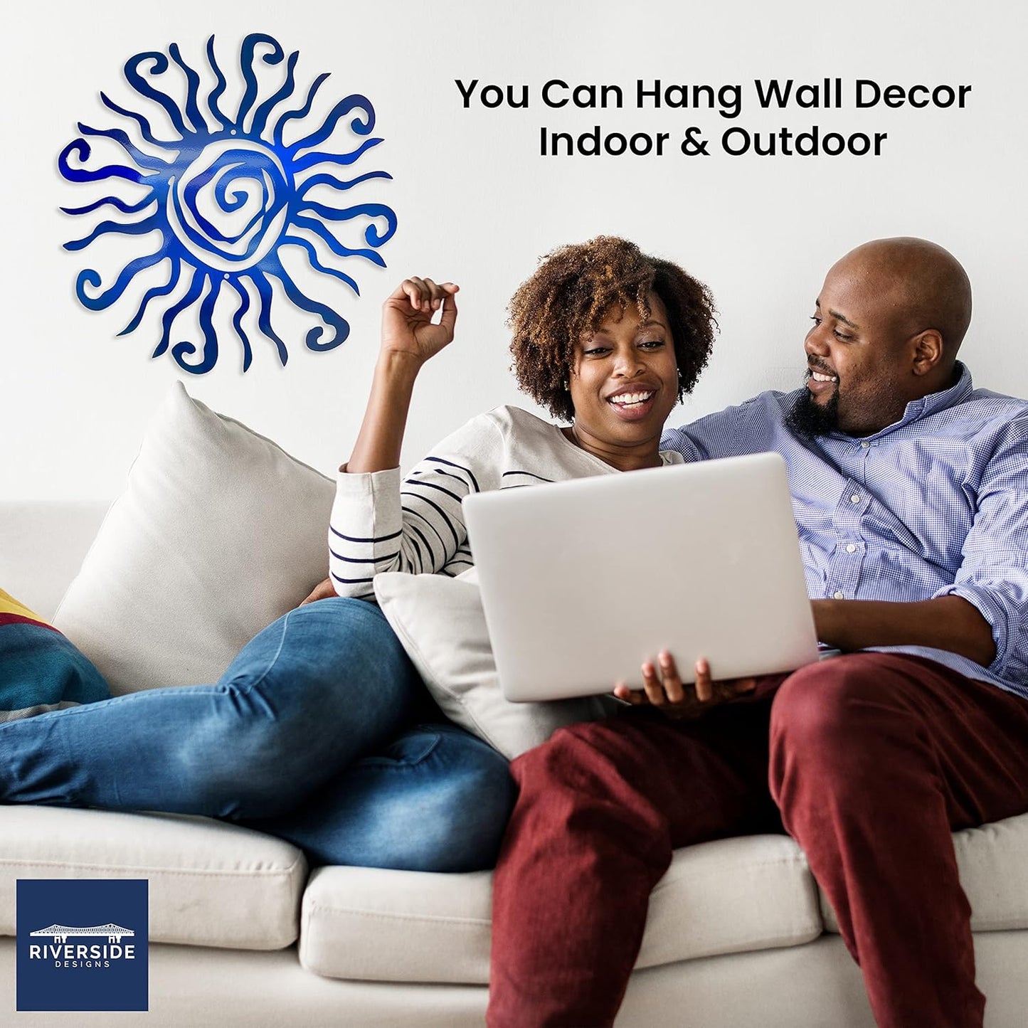 Riverside Designs Wacky Sun Metal Wall Art Indoor/Outdoor Decor - 30" Blue Rust Proof Wall Sculpture - Made in USA - Ideal for Bedroom, Garden, Home, Patio and Farmhouse