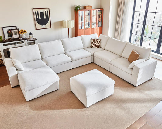Oversized Modular Sofa Comfy Cloud Couch with Storage, Extra Deep Plush Sectional Sofa Set for Living Room, Covers Washable, Chenille, Olar (White, 8-Seater with Corner & 2 Ottomans, u-Shaped)