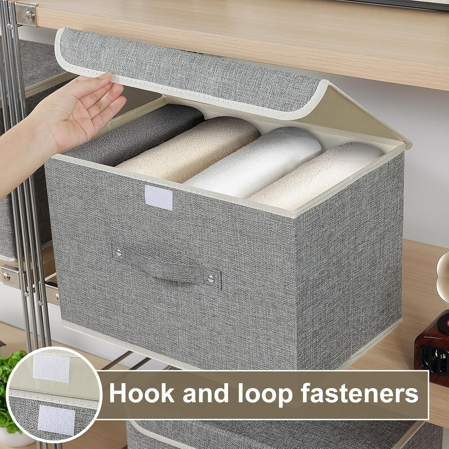 Storage Boxes, Collapsible Storage Bins with Lids, Cotton and linen cloth Storage Baskets with Handle, for Books, Closet, Bedroom, Home, 15x9.8x9.8 in, Grey