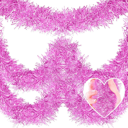 25 Feet Metallic Twist Tinsel Garland - Wall Hanging Backdrop for Parade Floats, Christmas Eve, New Year, Valentine's Day Parties (Macaron Pink, 4in x 25ft)