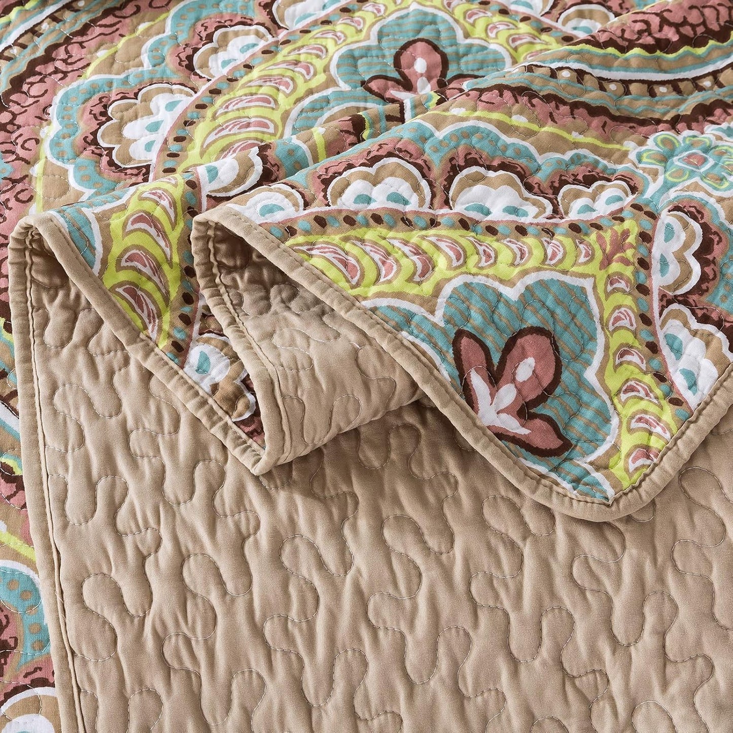 NEWLAKE Cotton Bedspread Quilt Sets-Reversible Patchwork Coverlet Set, European Paisley Blossom Pattern, King Size