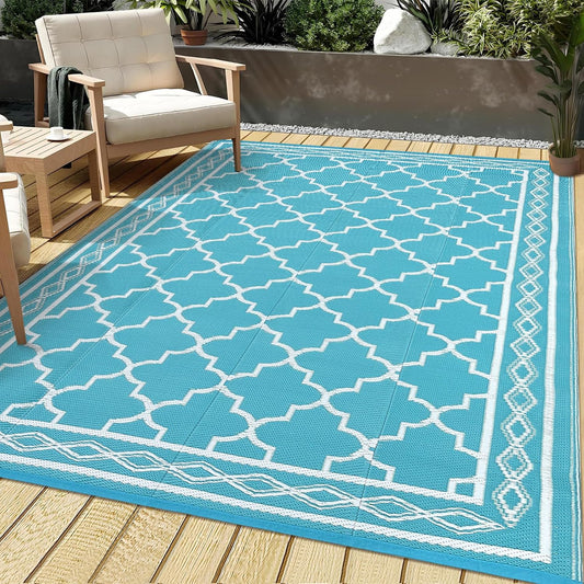 GAOMON Outdoor Rug for Patio 5'x8' Reversible Plastic Rugs Camping Mat for Outdoor, RV, Backyard, Deck, Balcony, Picnic, Beach, Teal/White(Geometric)