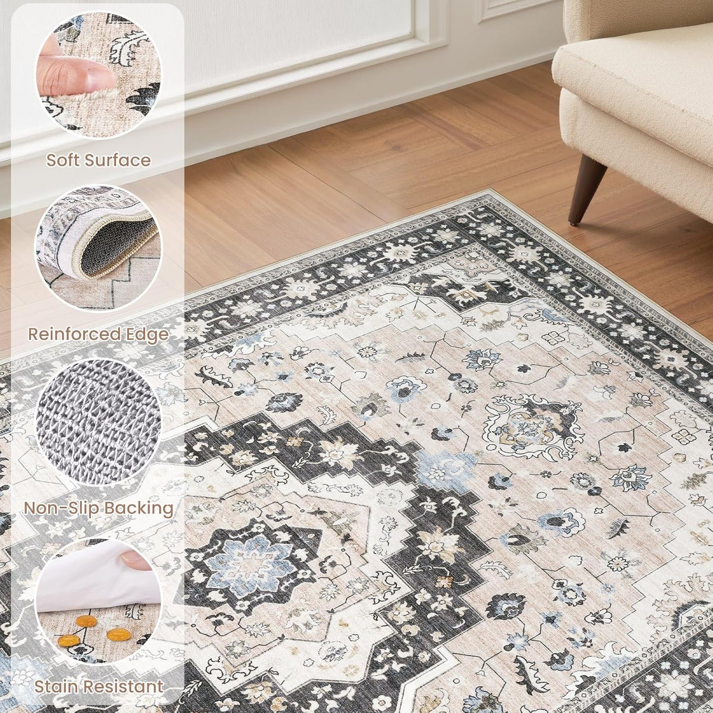 Washable Area Rugs for Living Room - 9x12 Neutral Vintage Distressed Floral Farmhouse Boho Large Soft Floor Rug Indoor Non Slip Carpet for Bedroom Dining Room Office - Pink/Dark Green