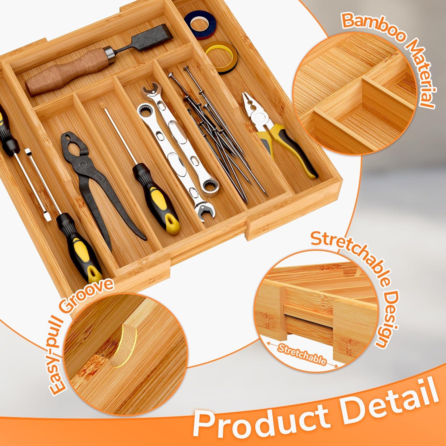 BAMEOS Bamboo Expandable Drawer Organizer, 5-7 Slots Kitchen Drawer Organizer, Adjustable Cutlery Tray for Utensils, Silverware & Flatware (Natural)