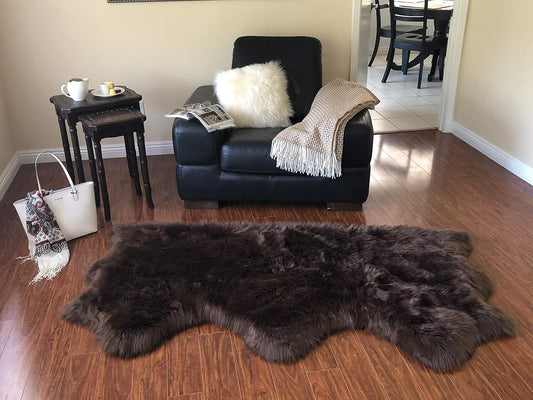 LAMBZY Faux Sheepskin Hypoallergenic Free Shape Silky Shag Rug, Luxury Shaggy Silky Plush Carpet for Bedrooms Rugs Living Room Kids Rooms Sofa Floor (Triple Side by Side 3'x6', Brown)