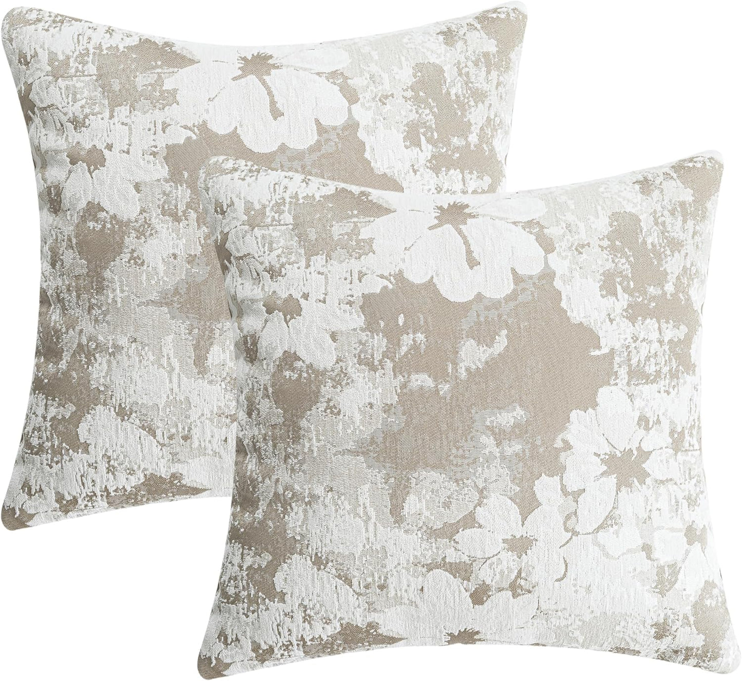 Jacquard Throw Pillow Covers 18x18 Inch Set of 2 - Vintage Floral Boho Pillow Cases with Botanical Pattern | Farmhouse Decor for Couch | Soft Textured Neutral Trio Light Khaki Warm Beige 18" x 18"