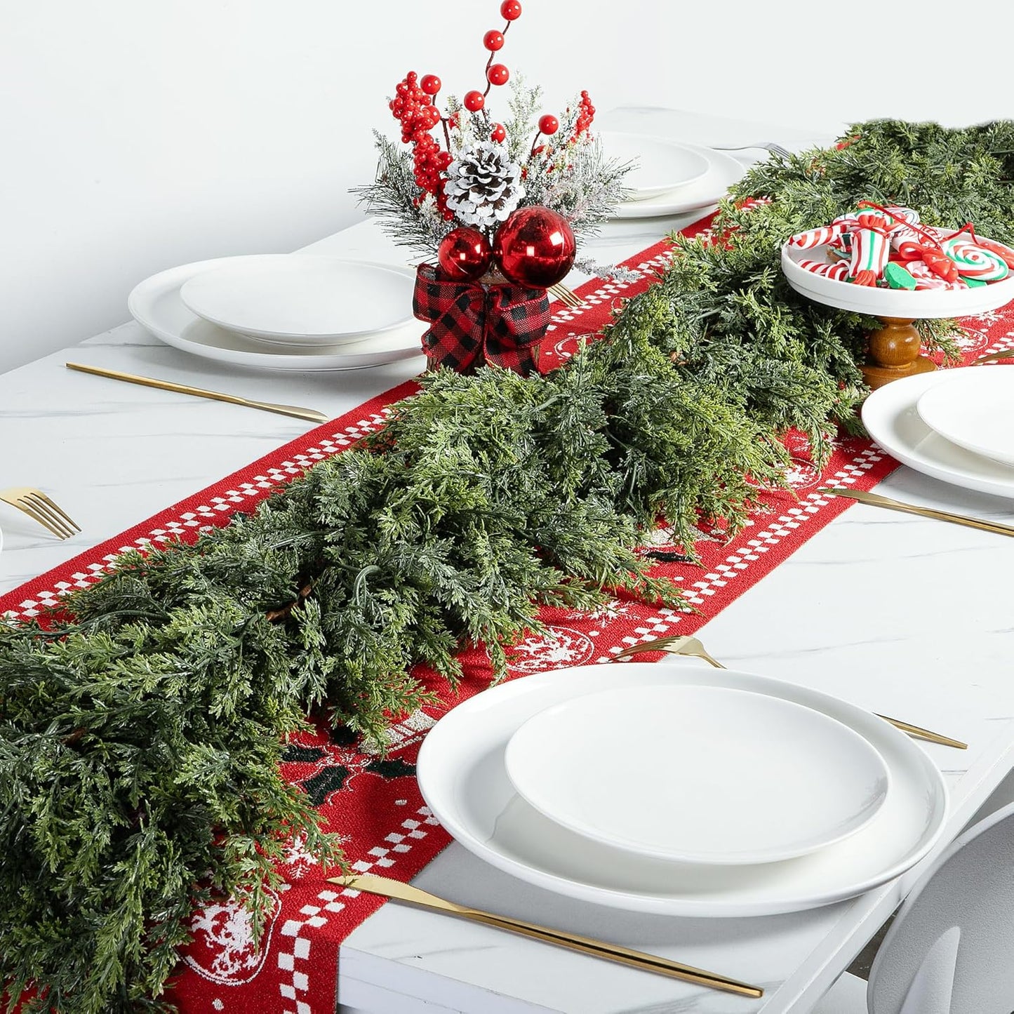 2 Pcs Christmas Norfolk Pine Garlands, 6 Ft Double Color Real Touch Artificial Cedar Garland, Faux Pine Cypress Greenery Garland Ornaments for Mantle Fireplace Table Indoor Outdoor Xmas Decoration