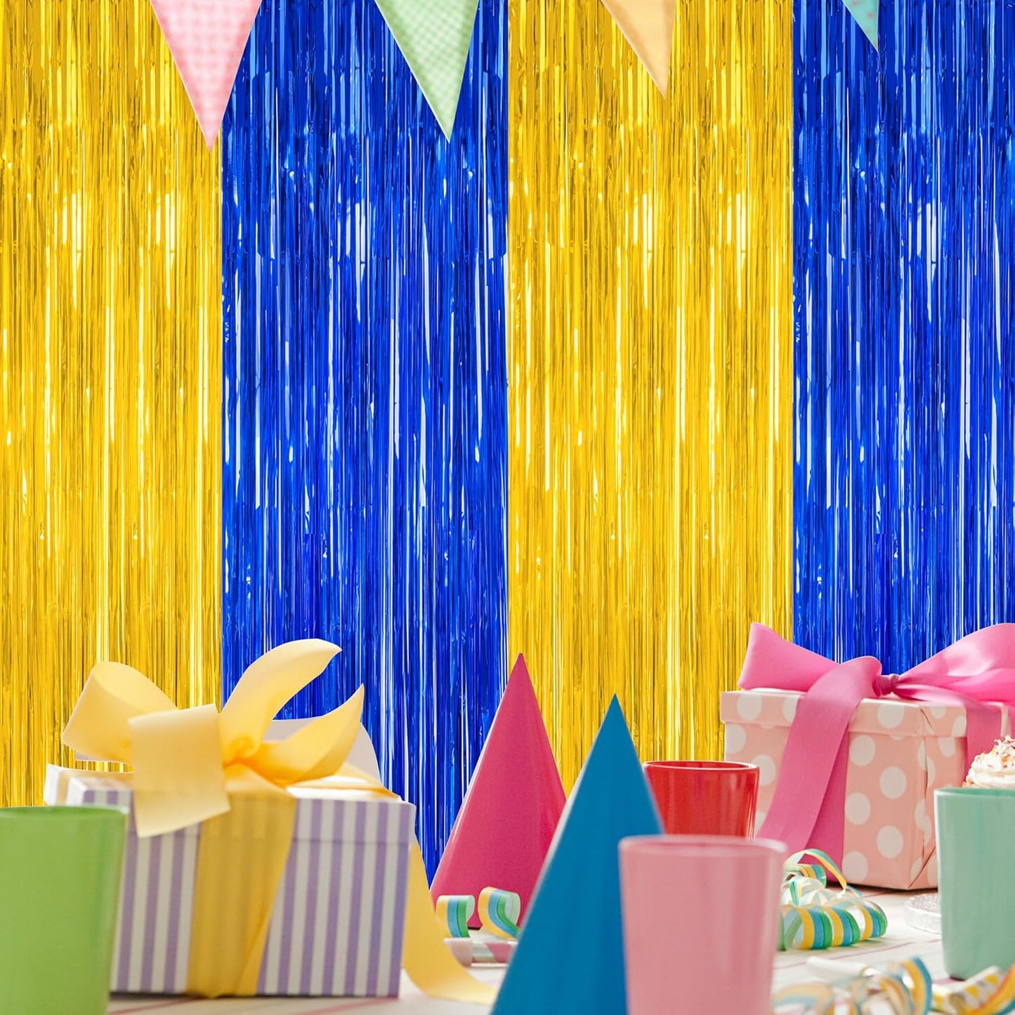 2 Pack Graduation Backdrop, 3.28 FT x 7.05 FT Class of 2025 Decorations, Blue Gold Fringe Curtains Tinsel Backdrop Party Streamer, Metallic Blue and Gold Graduation Decorations 2025