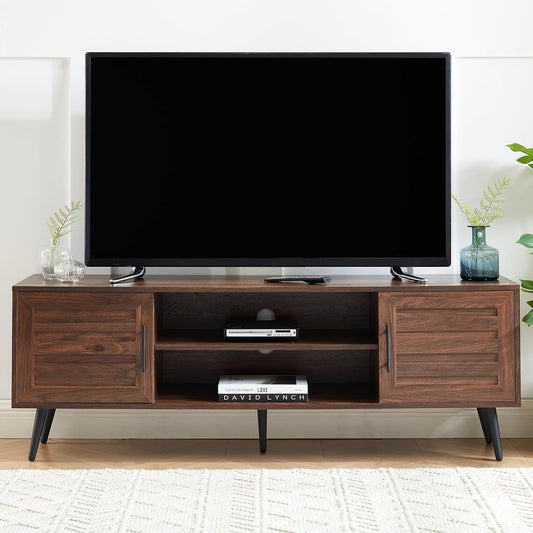 Mid Century Wooden TV Stand Entertainment Console with Open Shelving and 2 Cabinets for Televisions up to 65 Inches(Dark Walnut)