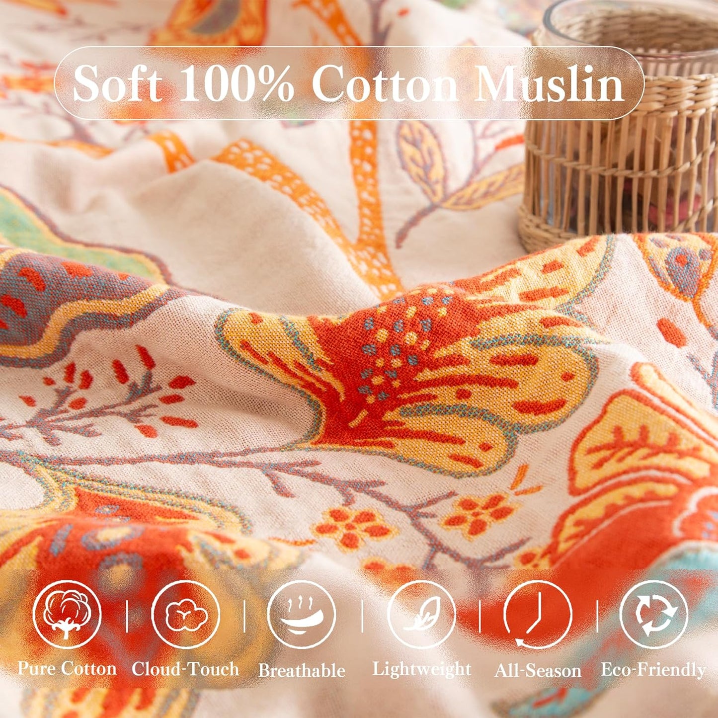 Boho Throw Blanket Full Size, Soft Cozy Cotton Muslin Quilt Blanket for Bed Decor, Floral Patterned Couch Sofa Chair Cover, Vintage Farmhouse Cottage Tapestry Woven Blanket, Coral&Green