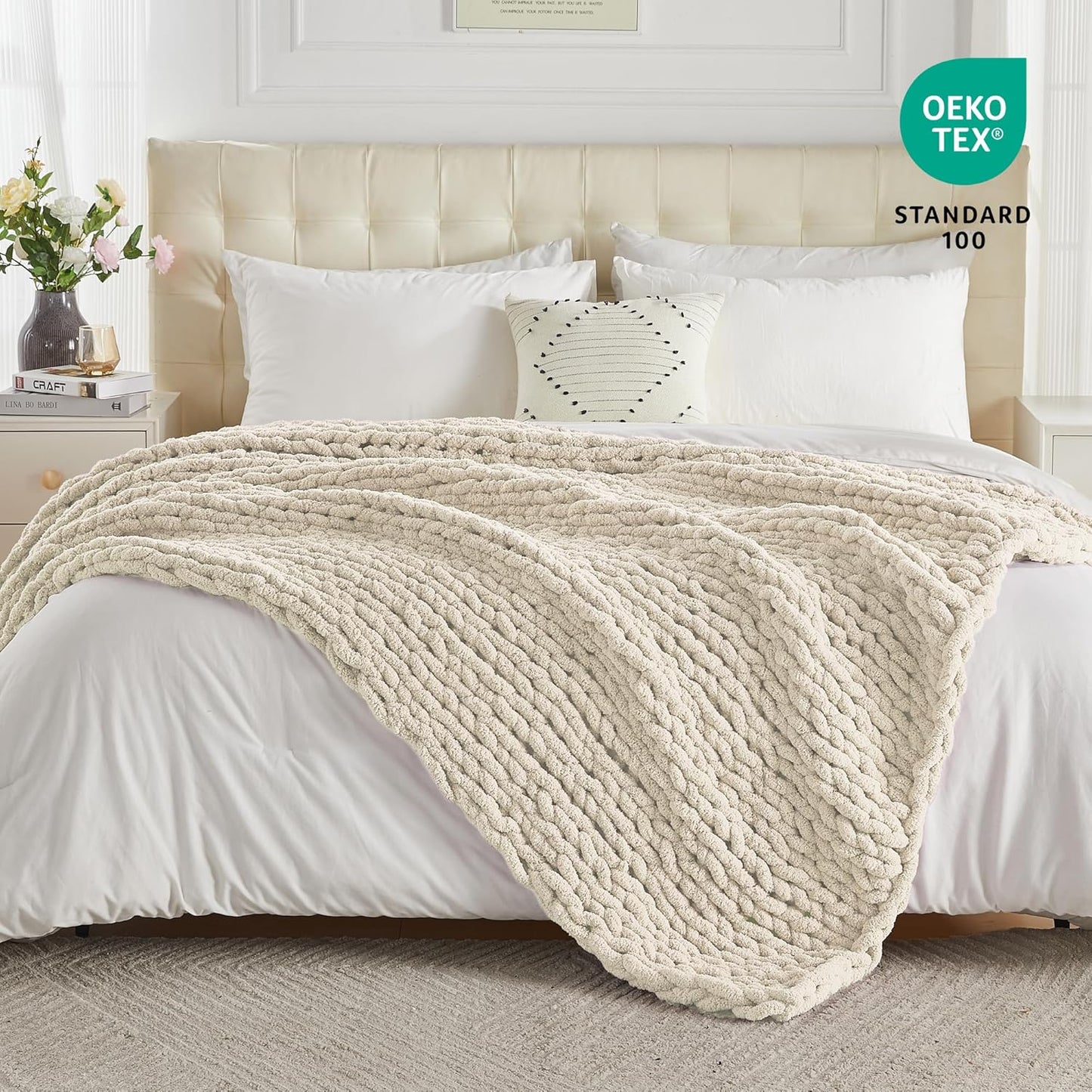 Carriediosa Chunky Knit Throw Blanket 60" X 80" Twin, 100% Hand Made Large Chenille Loop Yarn Soft Fluffy Throws for Couch Sofa Bed, Big Crochet Cozy Heavy Thick Cable Woven Blanket, Light Beige