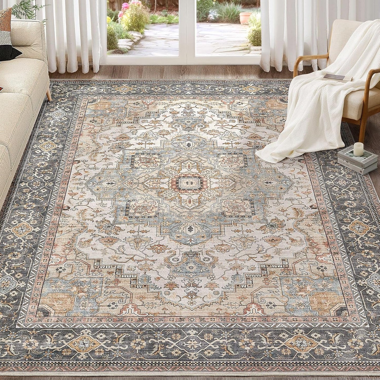 Washable Area Rugs for Living Room -10x13 Neutral Vintage Distressed Floral Farmhouse Boho Large Soft Floor Rug Indoor Non Slip Carpet for Living Room Bedroom Dining Room Office - Forest Green Orange