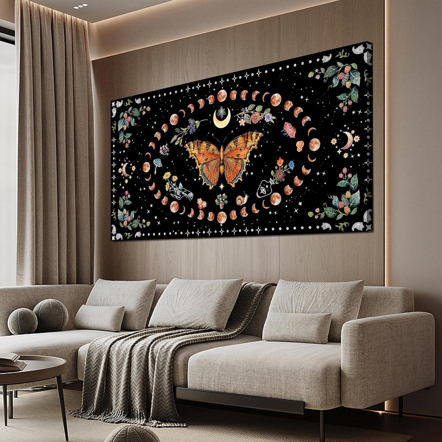Large Canvas Wall Art Boho Wall art Decor Canvas Art Wall Decor Pictures for Living Room Vintage Butterfly Wall Art Decorations Moon Flower Artwork for Walls Bedroom Office Wall Decor 24" X 48"