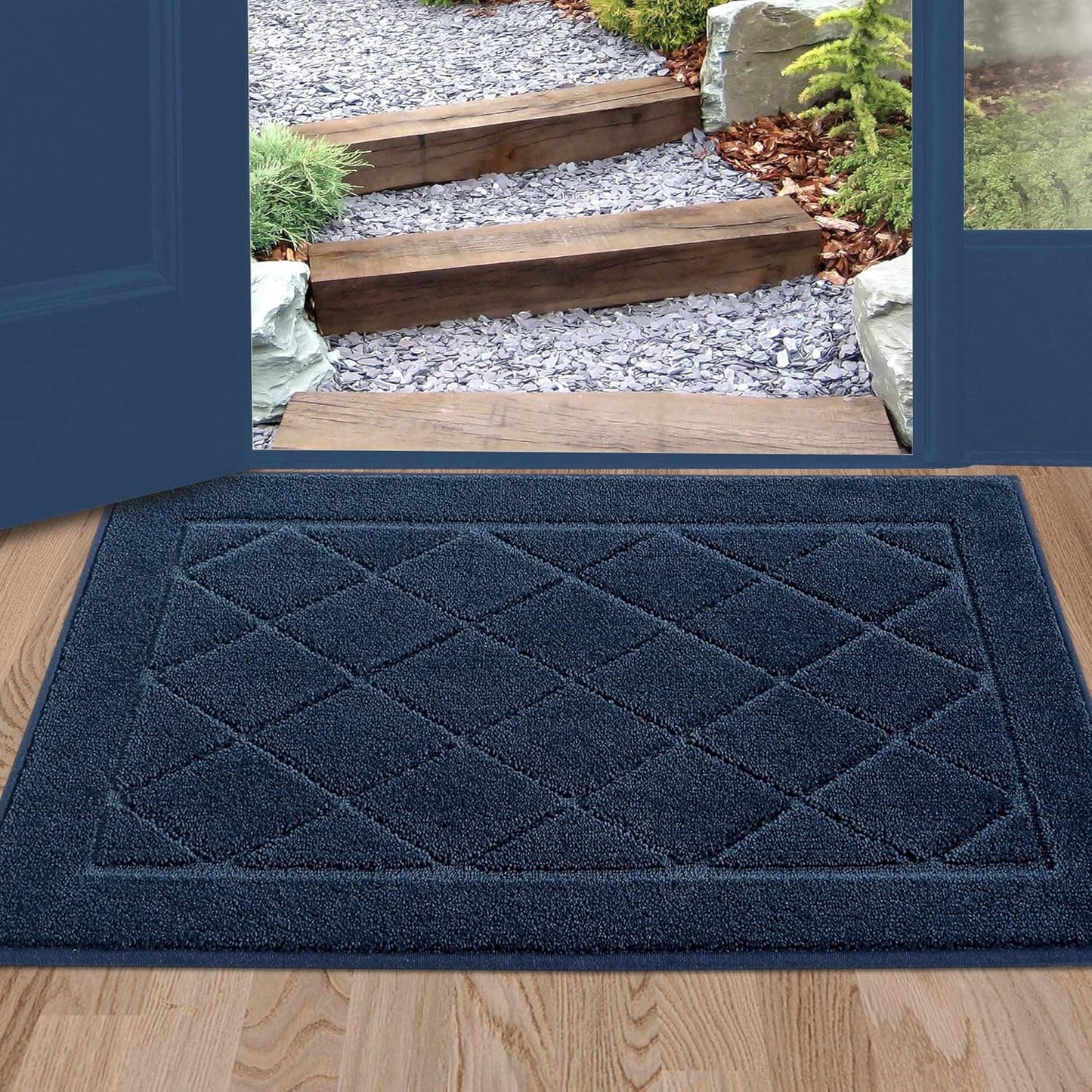 BEQHAUSE Dirt Trapper Door Mat 24" x 36", Doormat Non-Slip Entryway Rugs Washable, Dog Door Mat Stain Resistant and Absorbent Welcome Floor Mat for Front Back Door, Muddy Wet Shoes & Paws, Navy Blue