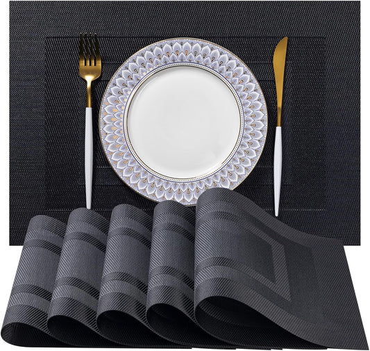 LEXMORE Placemats Set of 4 Vinyl/Plastic Woven Place Mats for Kitchen Table Indoor/Outdoor Washable Placemat Wipeable Dining Table Mats(G-Black Cube)