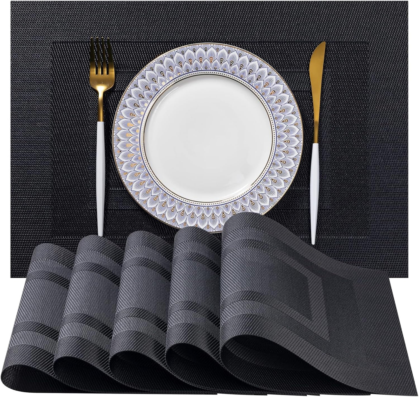 LEXMORE Placemats Set of 12 Vinyl/Plastic Woven Place Mats for Kitchen Table Indoor/Outdoor Washable Placemat Wipeable Dining Table Mats(G-Black Cube)