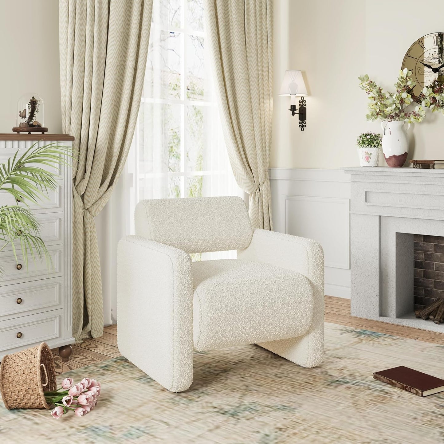 Accent Chair, Modern Boucle Fabric Armed Chair, Comfortable Single Sofa Chair for Living Room, Solid Wood Frame, Comfy Side Chair for Bedroom, Office, Reading (Beige)