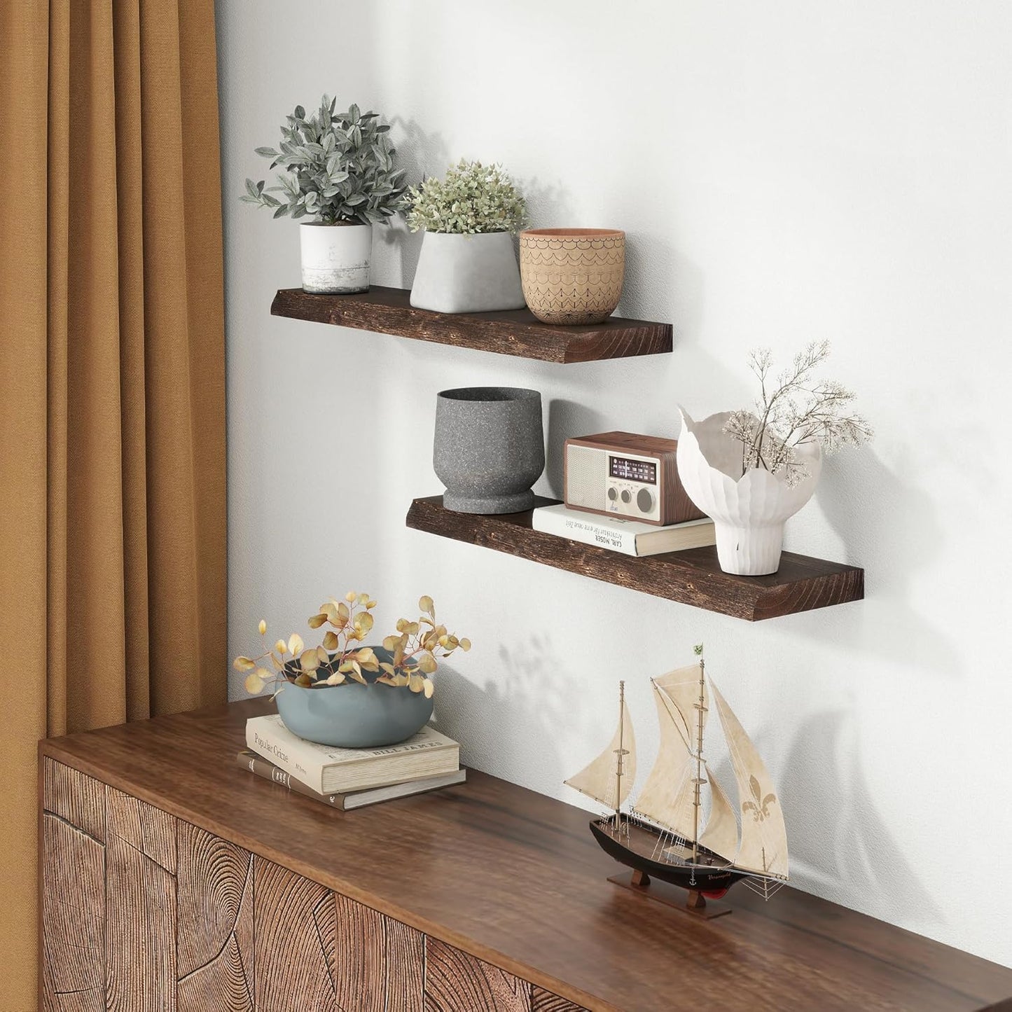 30" Floating Shelves, Live Edge Solid Elm Wood Floating Shelf, Wall Mounted Display Shelves with Heavy-Duty Bracket for Books, Rustic Wooden Shelf for Kitchen, Bathroom, Walnut Color, Set of 2