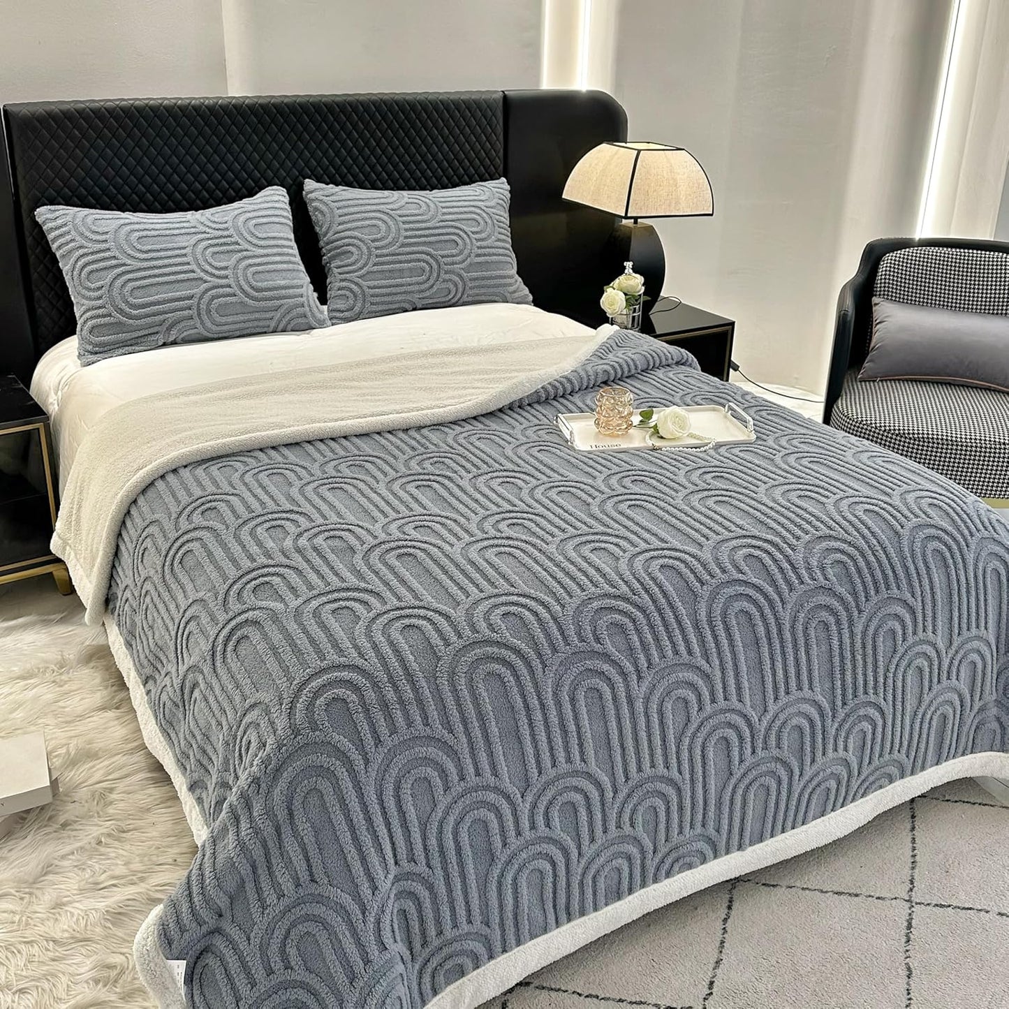 UKELER Sherpa Bed Blanket 80 × 90 inch, Ultra Soft Queen Size Throw Blanket for All Season, Cozy Plush Arch Fleece Blankets for Bedroom Living Room Dorm Hostel Sofa Camping, Blue Grey