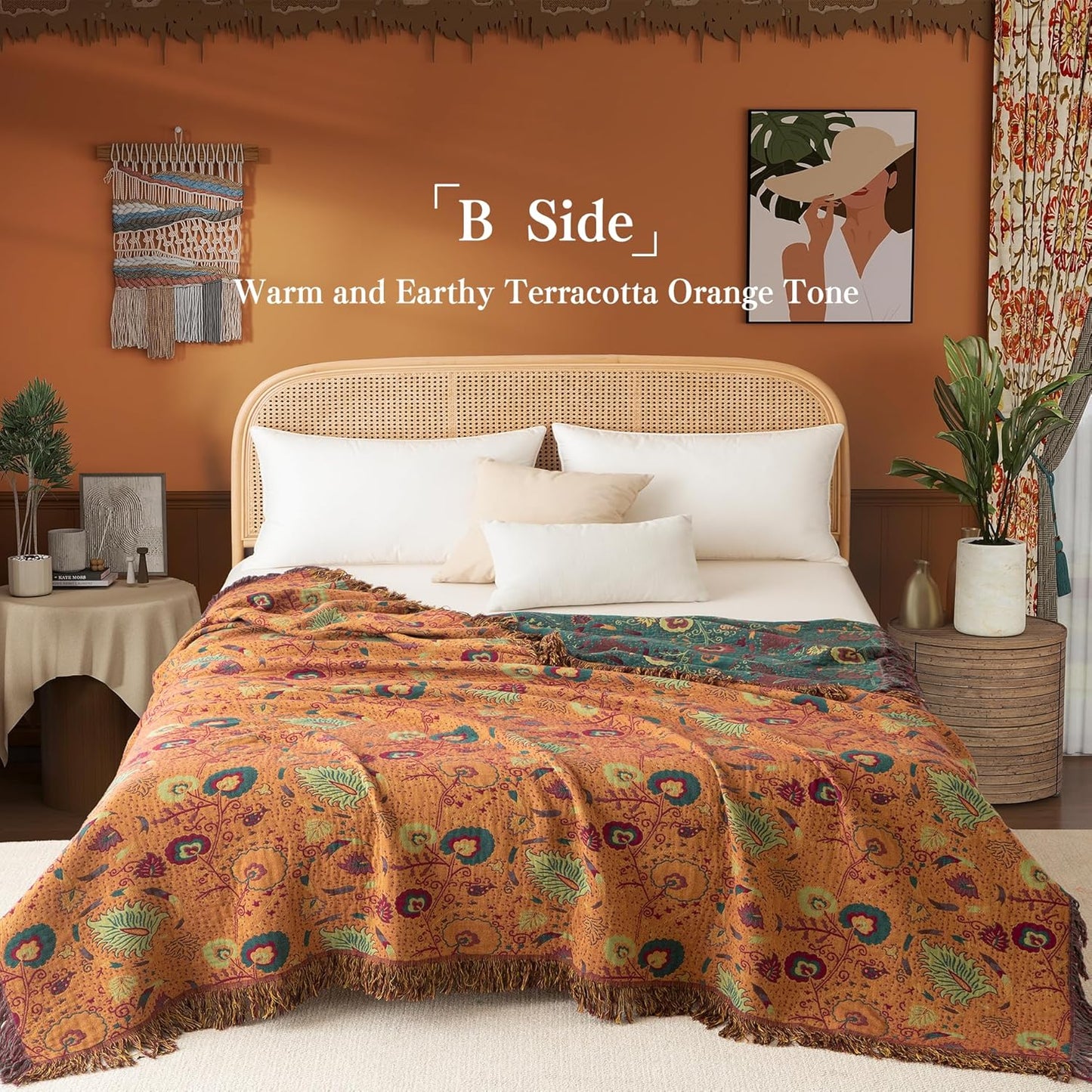 Boho Throw Blanket Twin Size, Soft Cozy Cotton Muslin Quilt Blanket for Bed Decor, Floral Patterned Couch Sofa Chair Cover, Vintage Farmhouse Cottage Tapestry Woven Blanket, Green&Orange