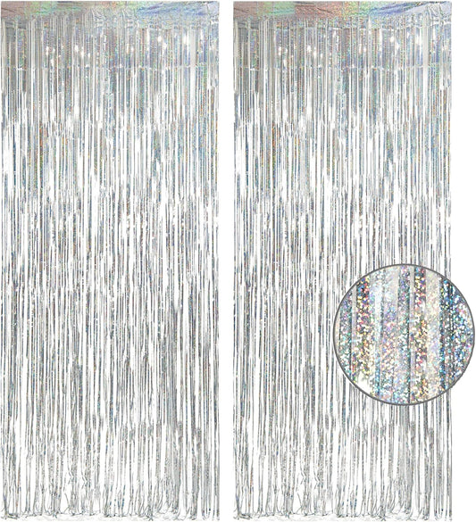 Silver Foil Fringe Tinsel Backdrop - GREATRIL Metallic Tinsel Streamers Curtains for 2025 NYE/Prom/Dancing Ball/Christmas/Bachelorette Party Decorations - Pack of 2