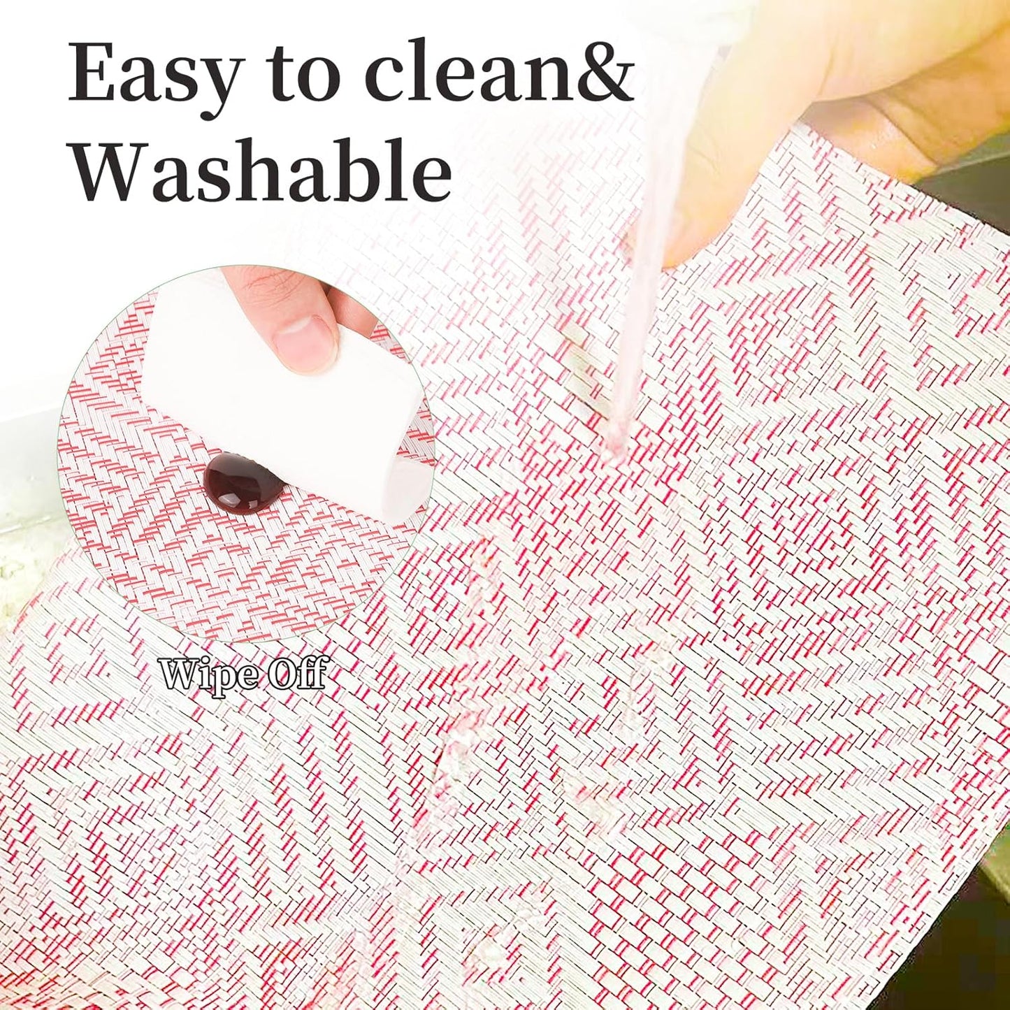 Vinyl Plastic Placemats Set of 6 Washable Heat Resistant Non-Slip Elegant Indoor Outdoor Kitchen Dining PVC Woven Table Place Mats (Red Pink Squares)