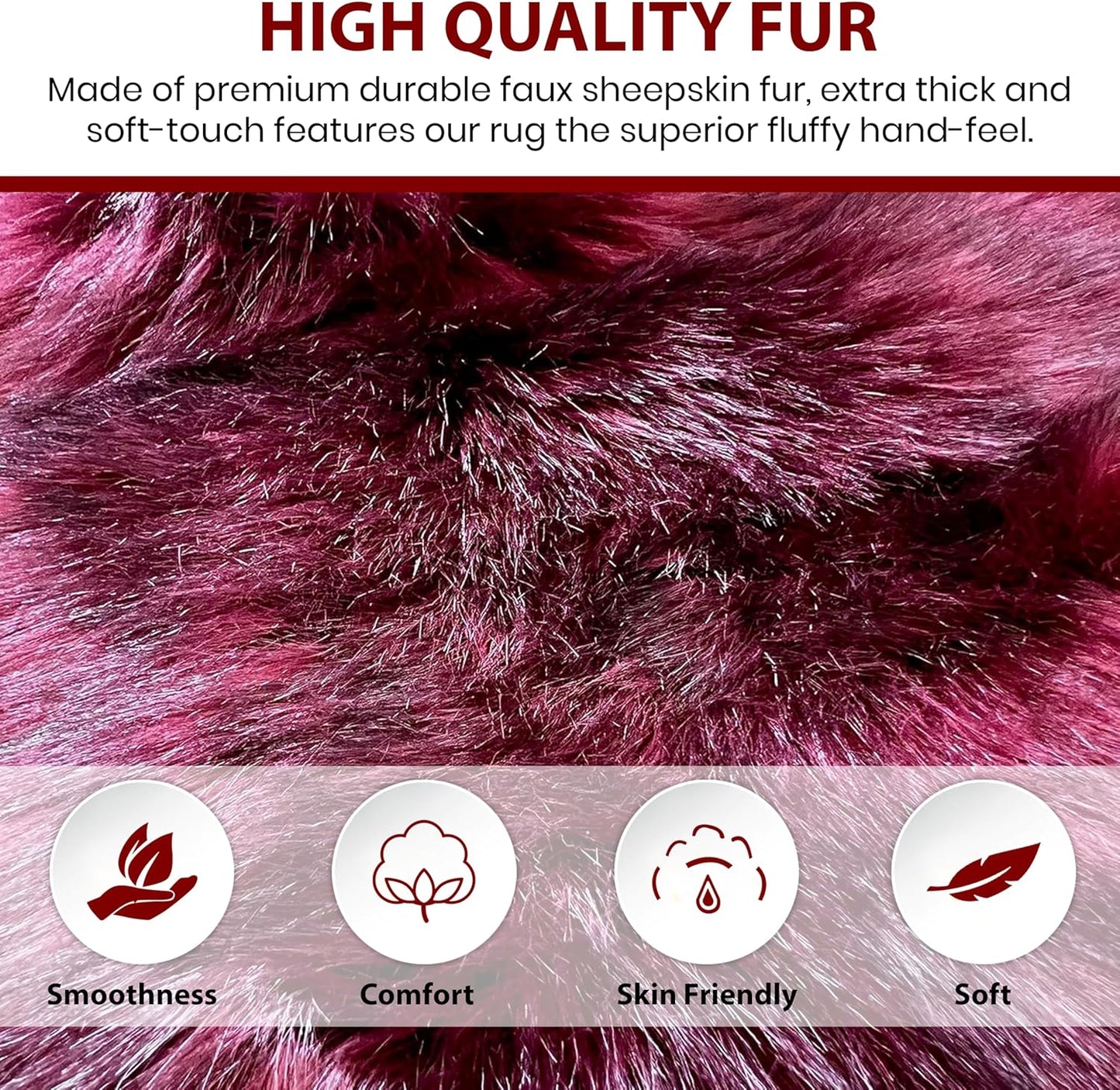 LAMBZY Faux Sheepskin Super Soft Hypoallergenic Free Shape Silky Shag Rug, Luxury Shaggy Plush Carpet for Bedrooms Living Kids Room Sofa Rugs (Burgundy, Single 2'x3')