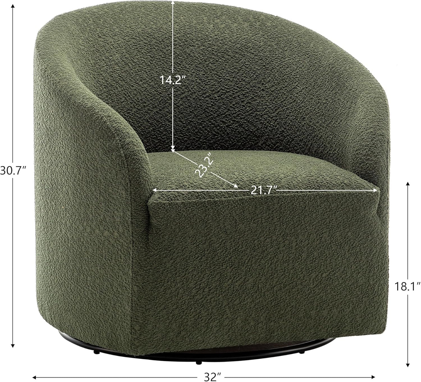 KINWELL 32" Wide Modern Boucle Swivel Barrel Chair, No Assembly Round Upholstered Swivel Accent Armchair for Living Room, Bedroom, Office (Green)