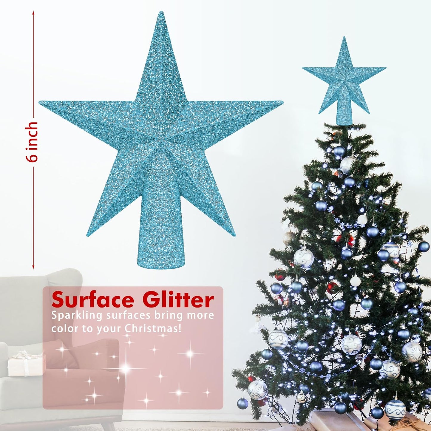 Christmas Tree Topper, Blue 6" 3D Star Tree Topper Decorations, Christmas Tree Topper Bethlehem Star Ornament, Glitter Waterproof Shatterproof Xmas Tree Decor for Holiday Xmas Home Indoor Outdoor