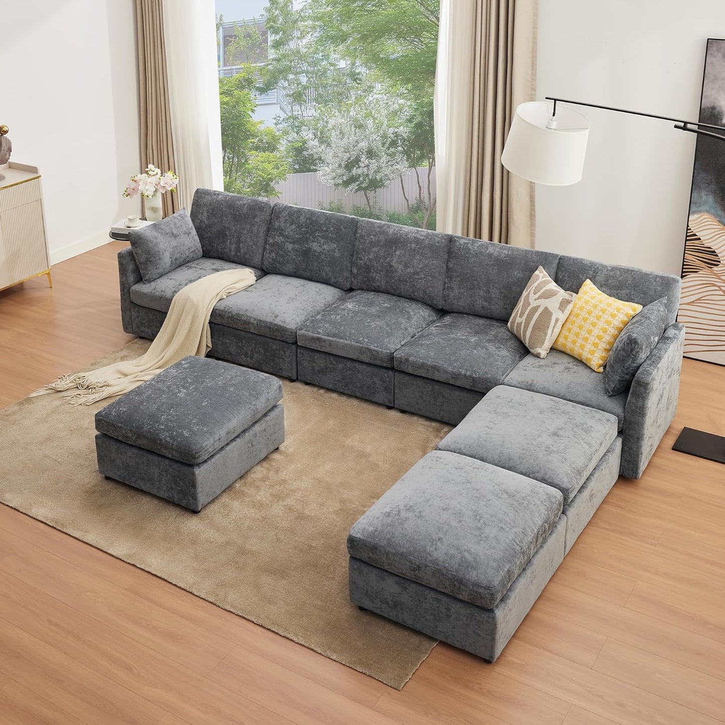 Tbfit L Shaped Couch 8 Seat, Sectional Sofa for Living Room,Chenille Cloud Couch with Ottoman, Grey