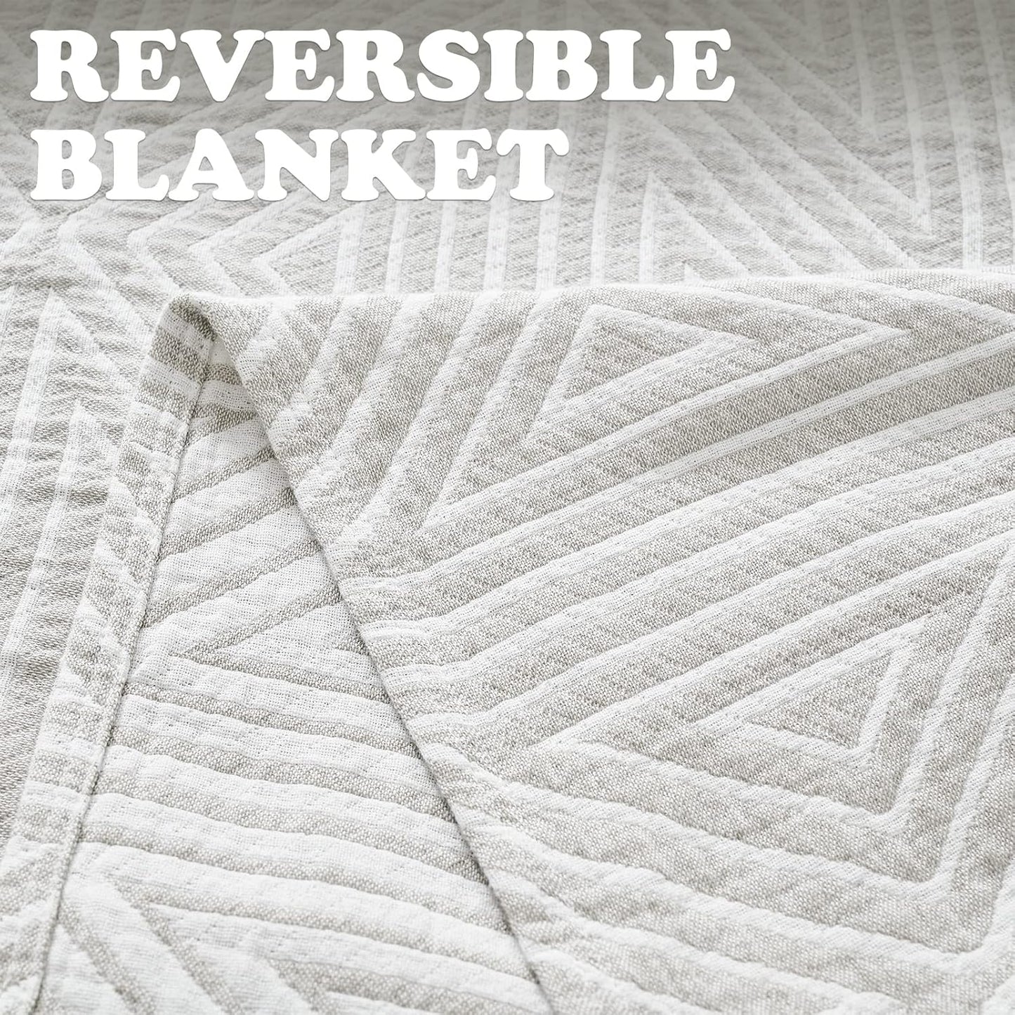 jinchan Boho 100% Cotton Blanket Muslin 50x60 Inches Lightweight 3-Layer Geometric Triangle Striped Pattern Reversible Quilt Throw Soft Breathable Comfy All Seasons for Couch Bed Decor, Light Grey