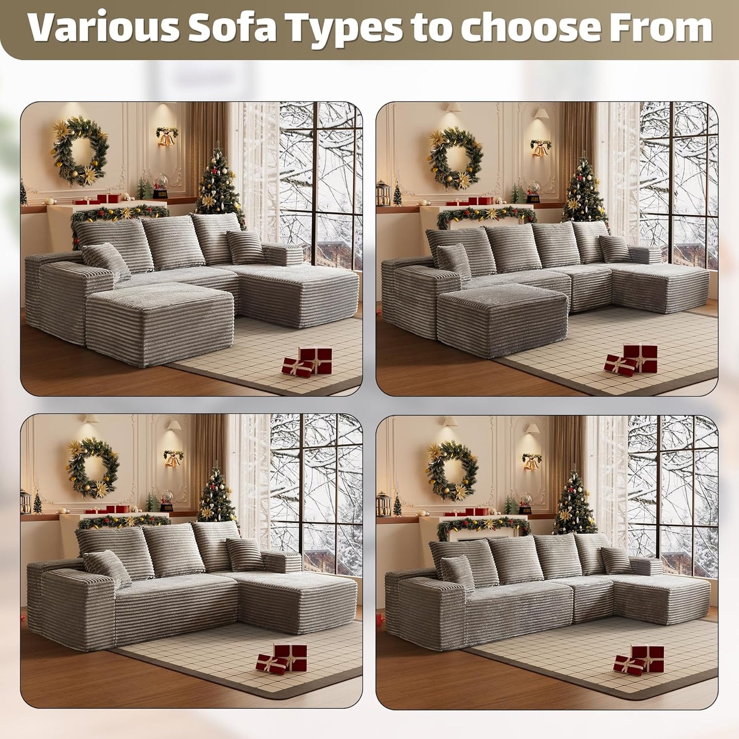 HYJT H&K Modular Sectional Sofa Cloud Couch, 107" Comfy L Shaped Sectional Couches for Living Room, Deep Seat Memory Foam Plush Fluffy Corduroy Boneless Couch Sectionals Right Facing Sofa Chaise Brown