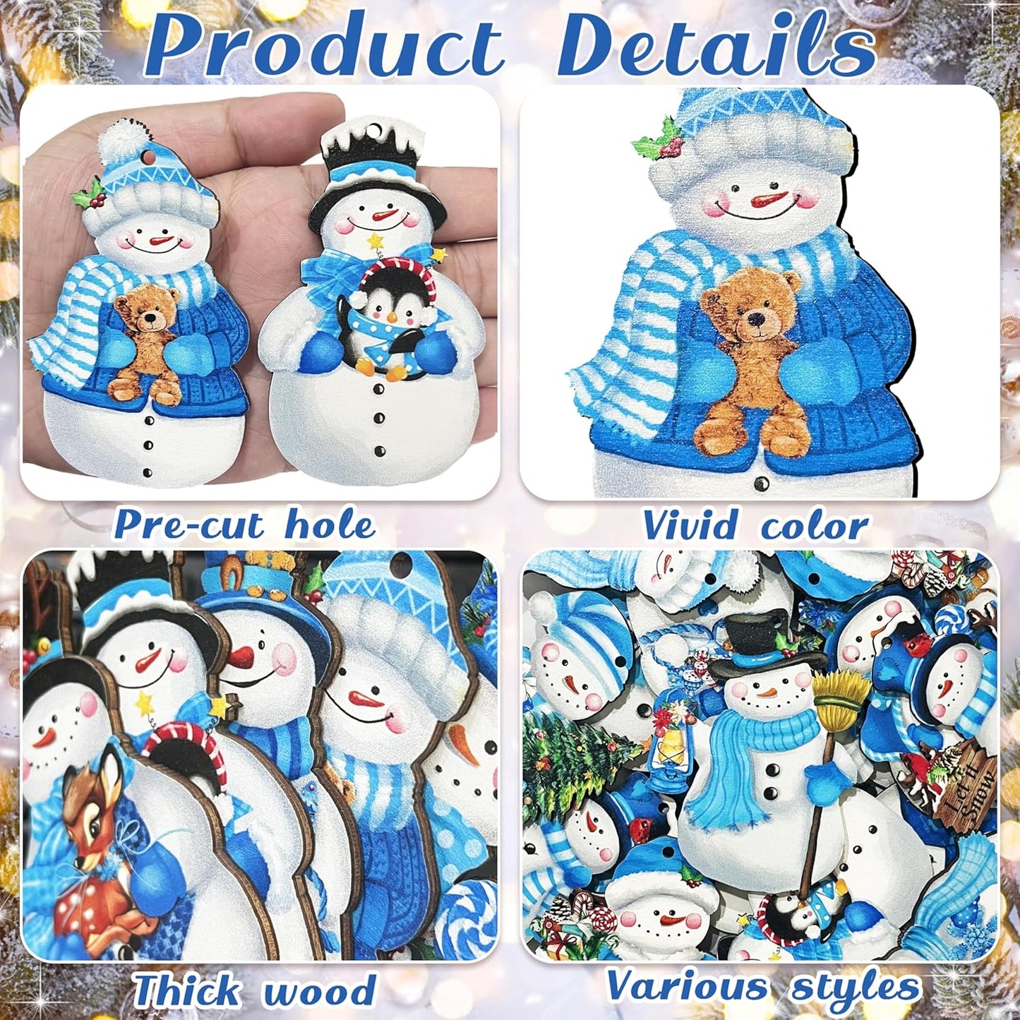 24 Pieces Christmas Snowman Wooden Ornaments Wood Hanging Decoration Set for Christmas Tree Hanging Wood Crafts Holiday Decor Xmas Party Supplies (Xmas-Snowman-B)