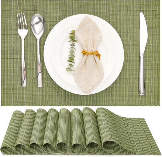 Myir JUN Placemats Set of 8, Vinyl Woven Placemats Place Mats Indoor Set of 8 Washable Table Mats Non-Slip Place mats for Dining Table (Green, Set of 8)
