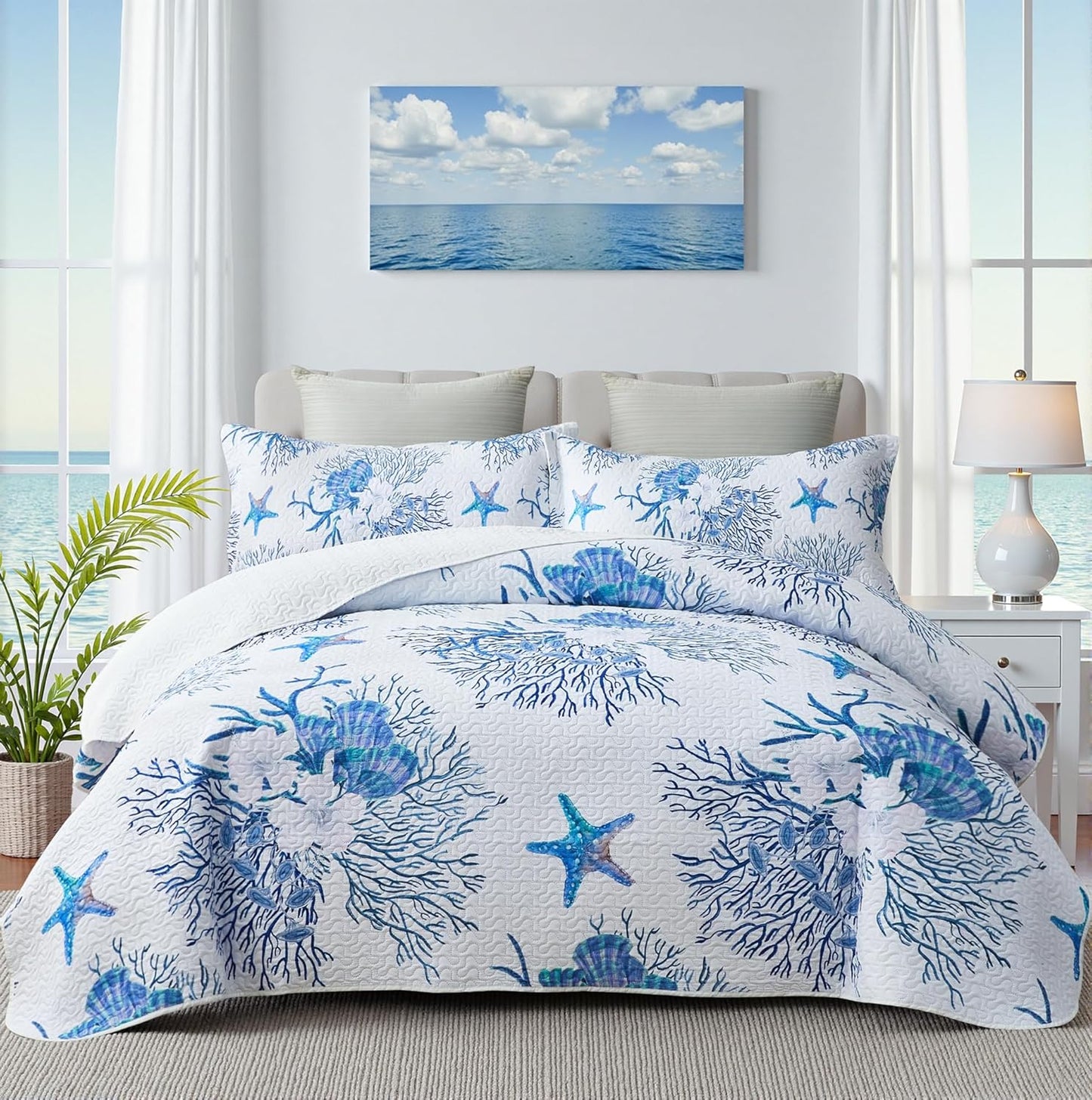 Coastal Bedding Queen Size Coastal Quilt with 2 Shams, Nautical Beach Comforter Sets Ocean Bedspreads Blue Starfish Coverlet Summer Bedding, 90''x96''