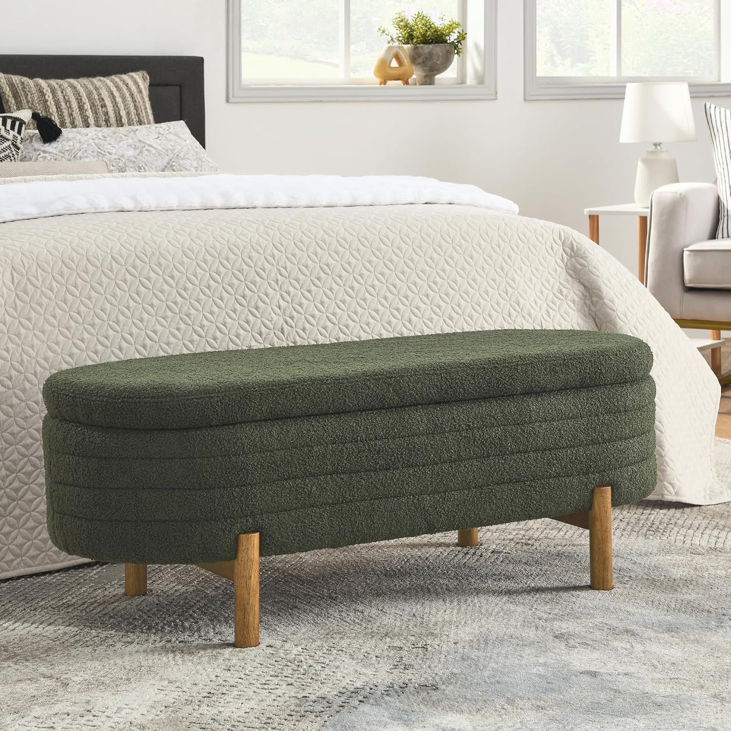 Furniliving 46” Storage Benches, End of Bed Bench with Button-Tufted Large Upholstered Storage Ottoman Teddy Window Bench with Storage Shoe Cabinet Bench, for Bedroom, Entryway, Closet, Green
