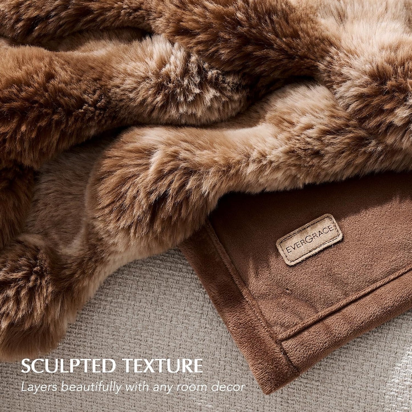 EVERGRACE Ultra Soft Luxury Fluffy Ridgeline Faux Rabbit Fur Throw Blanket, Thick Warm Bubble Throw for Bed, Cozy Plush Reversible Blankets for Couch, Chair, Sofa, Lion Caramel, 50x60 Inches, 870 GSM