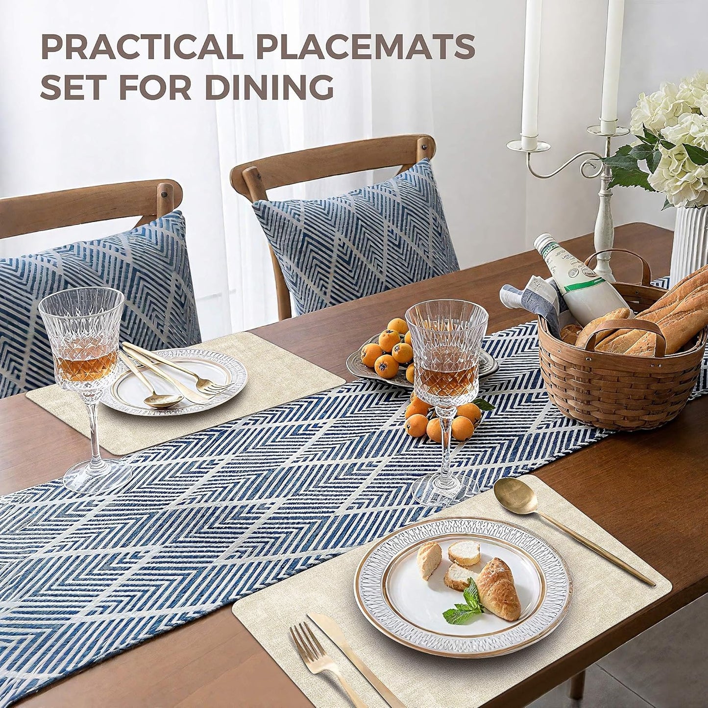 Vinyl Placemats Set of 6, Faux Leather Waterproof and Heat Resistant Place Mats, Washable Anti-Slip Table Mats with Coaster, Wipeable Placemats for Indoor & Outdoor 17" x 12" (Beige, Set of 6)