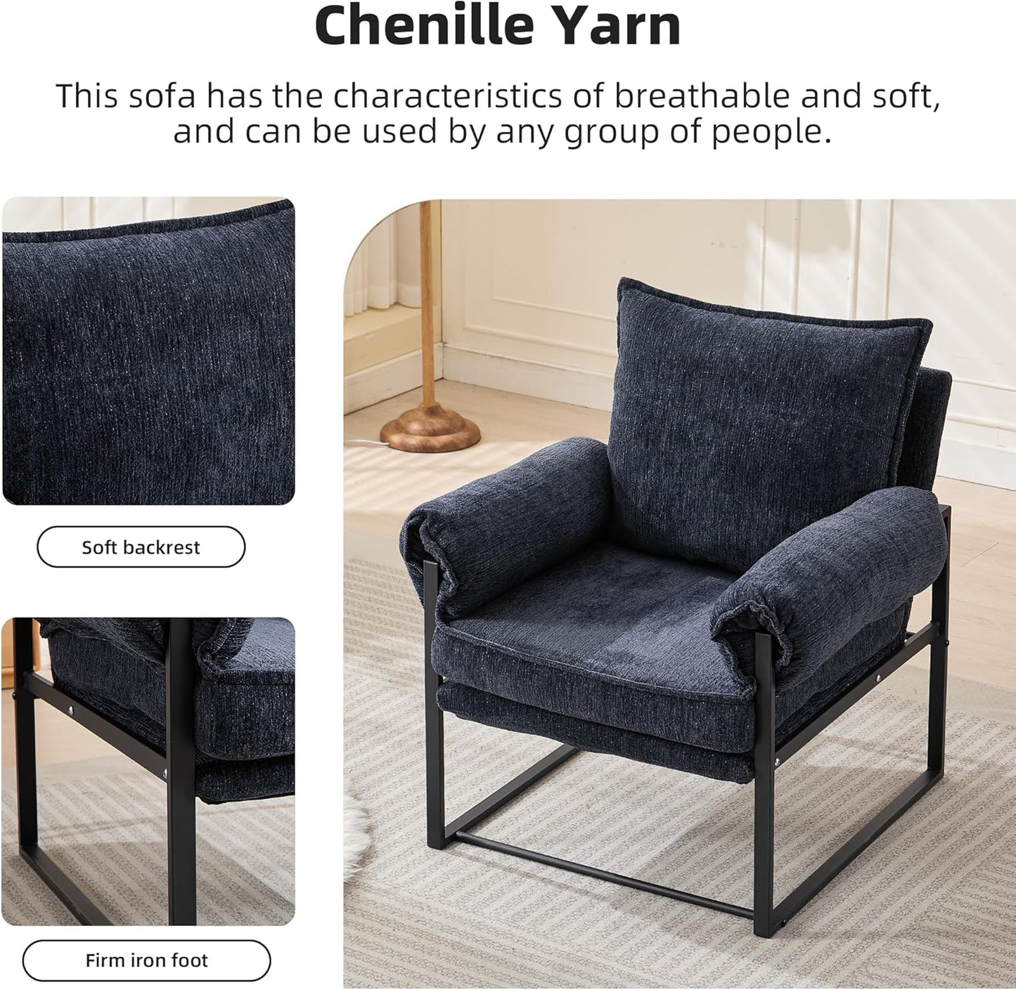 YISHENG Accent Chair with 6-Angle Adjustable Backrest, Chenille Fabric Living Room Chair Upholstered Lounge Chair, Modern Chair Cozy Reclining Chair for Reading Room, Set of 2 Dark Blue