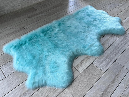 LAMBZY Faux Sheepskin Super Soft Hypoallergenic Free Shape Silky Shag Rug, Luxury Shaggy Plush Carpet for Bedrooms Living Kids Room Sofa Rugs (Blue, Triple Side by Side 3'x6')