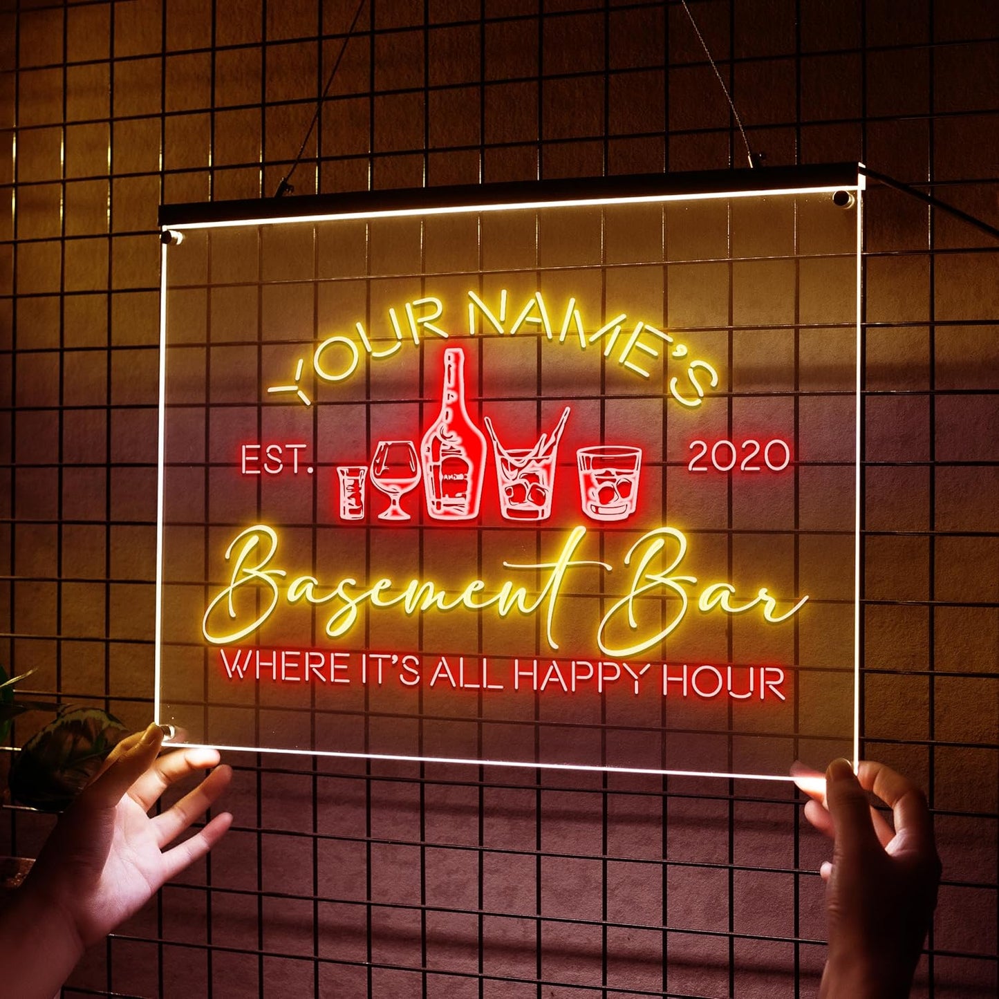 Personalized Basement Bar LED Neon Sign, Custom Name Happy Hour Acrylic Wall Light for Home Bar & Man Cave Decor