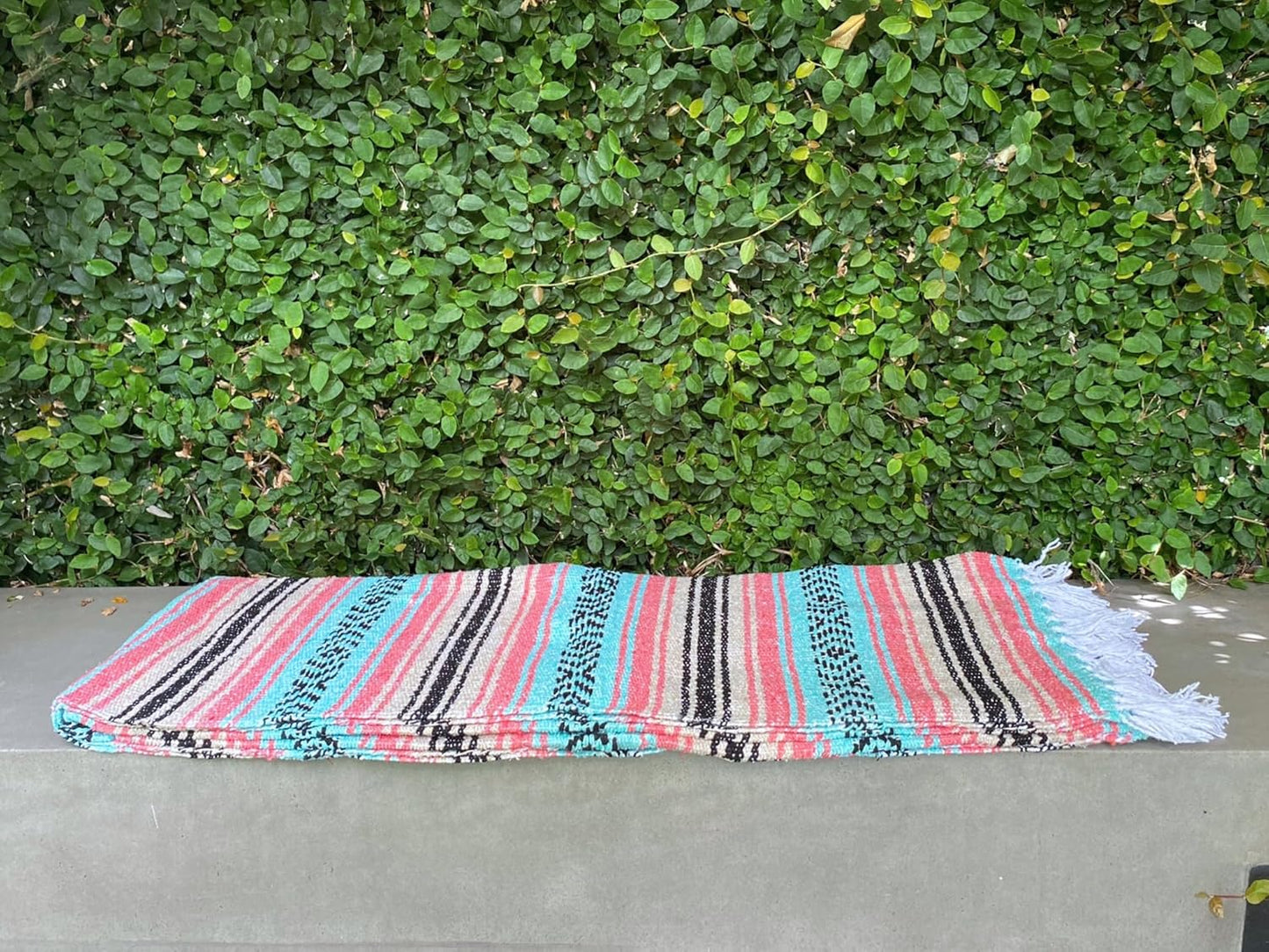 Del Mex Classic Mexican Blanket, Large Authentic Woven Falsa Throw (70"x50"), Artisan Southwest Décor for Beach, Yoga, Outdoors (Mint/Tan/Pink)